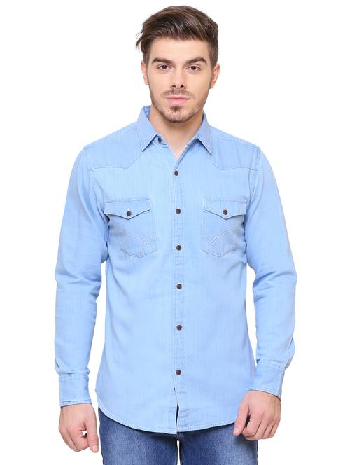 light blue solid denim casual shirt - 18424658 - Very Small Image - 1
