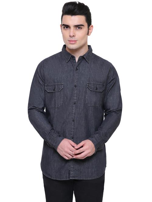 charcoal grey solid denim casual shirt - 18424660 - Very Small Image - 1