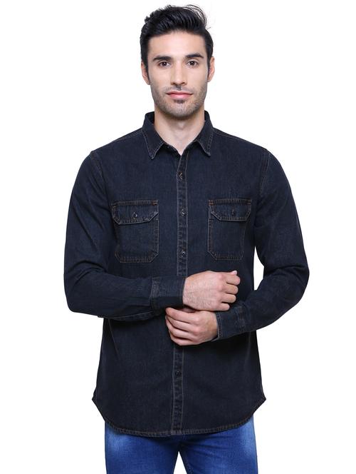 navy solid denim casual shirt - 18424661 - Very Small Image - 1
