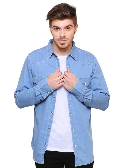 light blue solid denim casual shirt - 18424666 - Very Small Image - 1