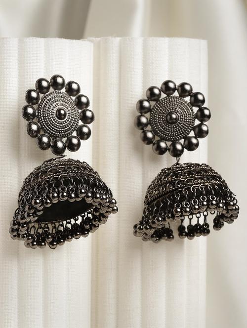 oxidised black & silver-toned oxidized dome shape jhumka earrings - 18424843 - Very Small Image - 1