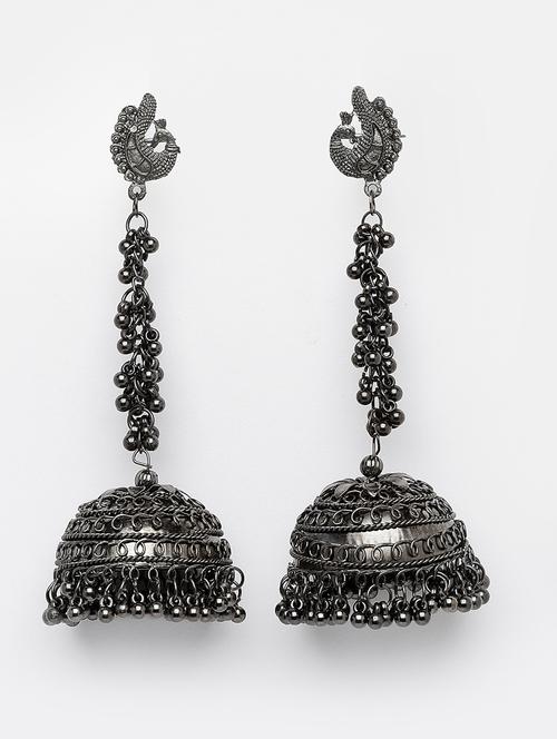 peacock black and silver u2013toned oxidised dome shape ghunghroo jhumkas - 18424844 - Very Small Image - 1