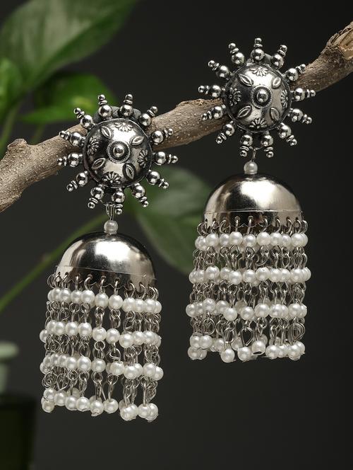 oxidised silver-toned dome shaped jhumkas earrings with pearls - 18424850 - Very Small Image - 1