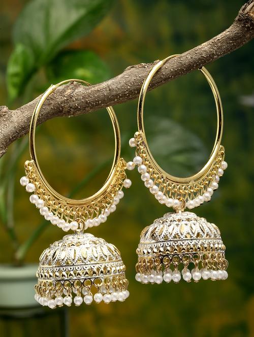 oxidised gold-plated white pearl dome shape jhumkas earrings - 18424853 - Very Small Image - 1