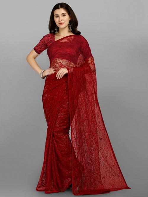 maroon plain net saree with blouse - 18425075 - Very Small Image - 1