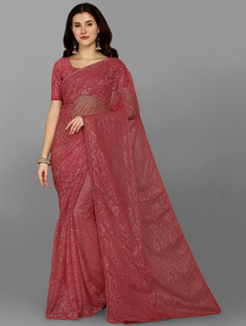red plain net saree with blouse - 18425078 - Very Small Image - 1