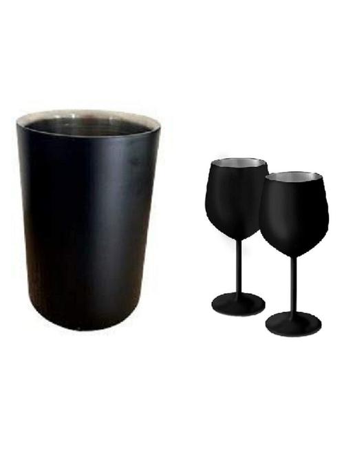 dynore stainless steel black matte wine cooler with 2 goblet glass- set of 3 3 - piece bar set (steel) - 18425224 - Very Small Image - 1
