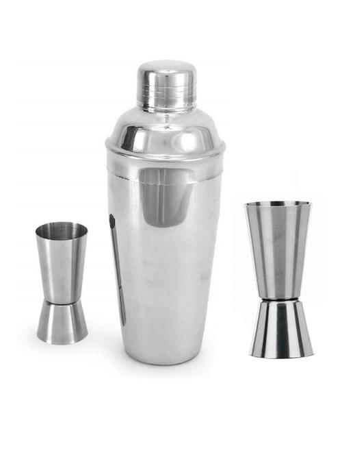 dynore stainless steel delux cocktail shaker 500 ml with 2 tall peg measures 3 - piece bar set (stainless steel) - 18425348 - Very Small Image - 1