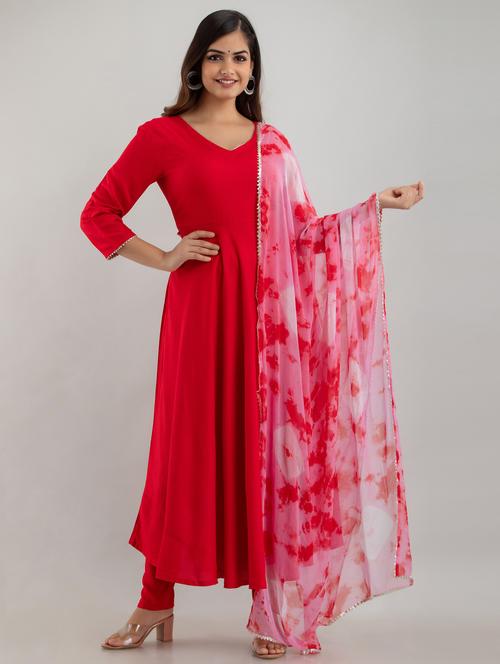 red rayon kurta pant set - 18425843 - Very Small Image - 1