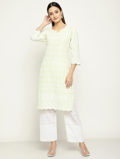 green embroidered straight kurta - 18426013 - Very Small Image - 1