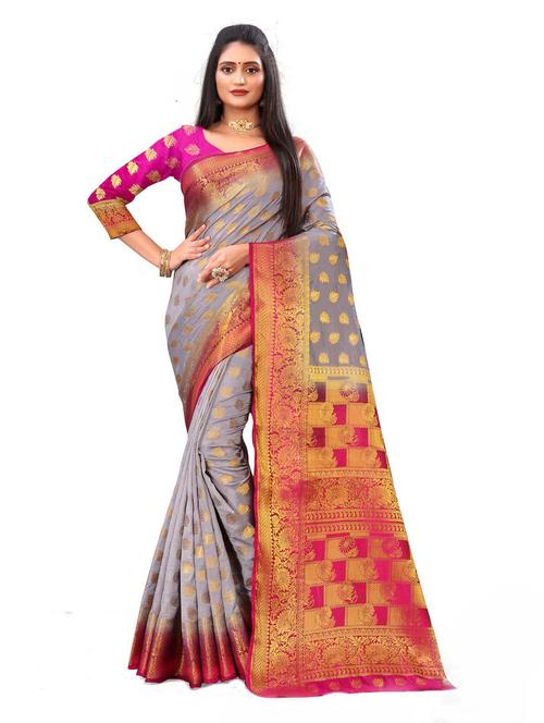 grey silk kanjivaram saree with blouse - 18426148 - Very Small Image - 1
