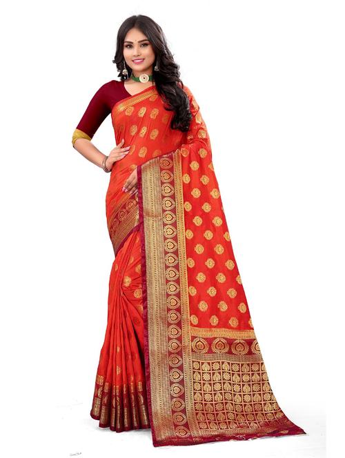 orange silk banarasi saree with blouse - 18426178 - Very Small Image - 1