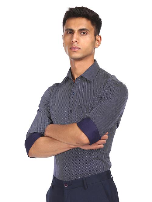 navy-blue printed formal shirt - 18426545 - Very Small Image - 1