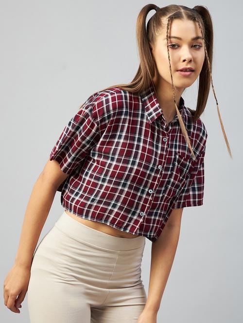 straight hem checkered crop shirt - 18426983 - Very Small Image - 1