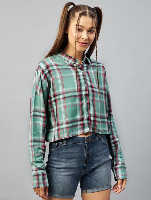 long sleeved checkered crop shirt - 18426987 - Very Small Image - 1