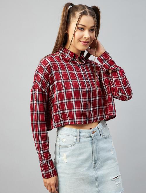 long sleeved checkered crop shirt - 18426990 - Very Small Image - 1