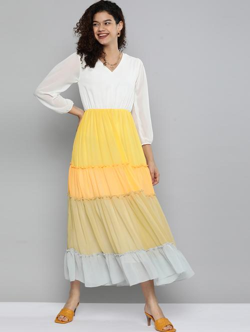 v-neck color block tiered dress - 18429514 - Very Small Image - 1