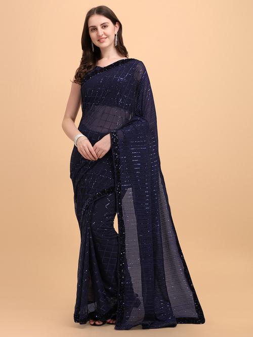 navy blue sequined saree with blouse - 18429520 - Very Small Image - 1