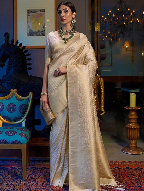 cream woven saree with blouse - 18429522 - Very Small Image - 1
