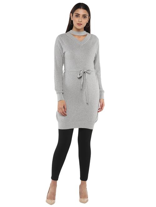 tie front choker neck solid tunic - 18429693 - Very Small Image - 1