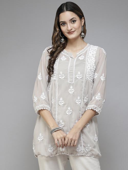 ada hand embroidered light grey georgette lucknowi chikankari kurti with slip - 18431618 - Very Small Image - 1