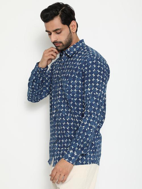 navy-blue printed casual shirt - 18431684 - Very Small Image - 1