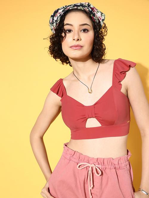 ruffle shoulder solid crop top - 18434242 - Very Small Image - 1
