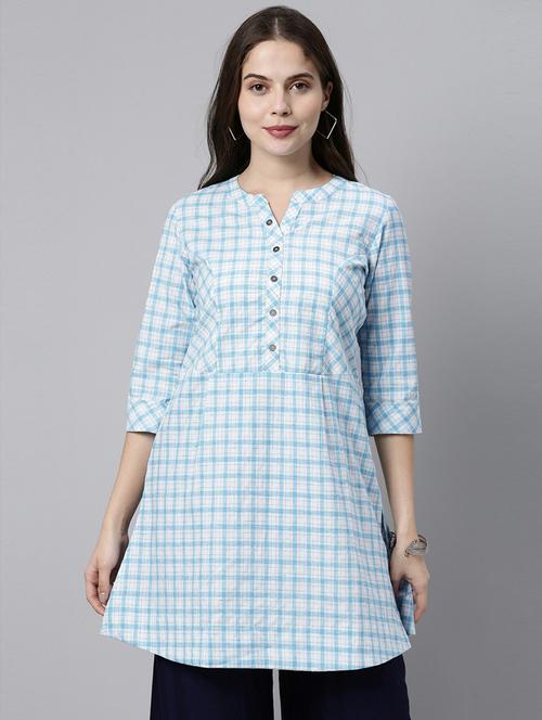 light blue checked a-line kurti - 18434593 - Very Small Image - 1