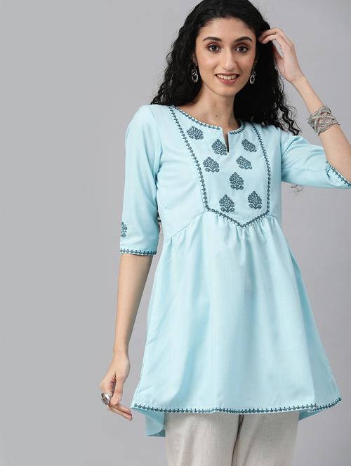 light blue embroidered a-line kurti - 18434621 - Very Small Image - 1