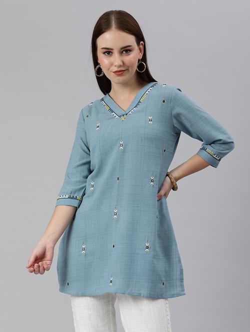 teal blue embroidered a-line kurti - 18434645 - Very Small Image - 1