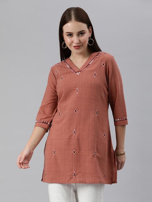 rust embroidered a-line kurti - 18434647 - Very Small Image - 1