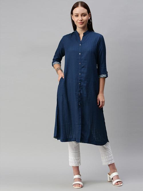 navy blue checked a-line kurta - 18434678 - Very Small Image - 1