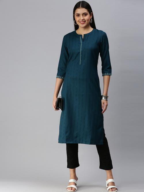 teal embroidered straight kurta - 18434701 - Very Small Image - 1