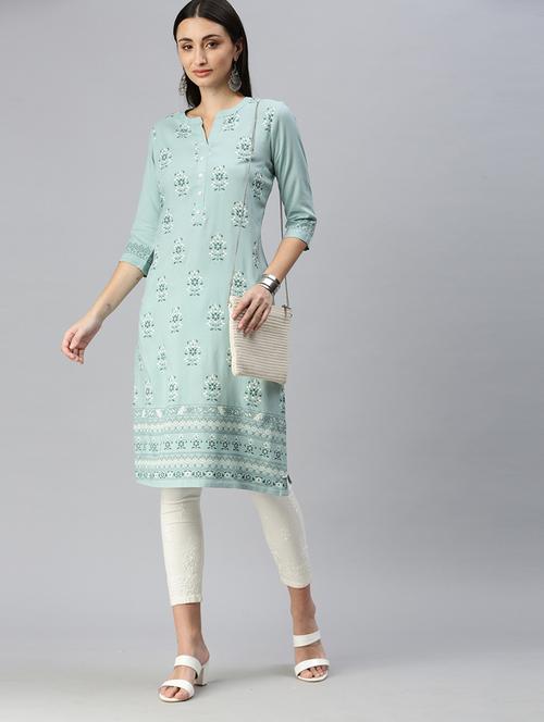 teal printed straight kurta - 18434712 - Very Small Image - 1