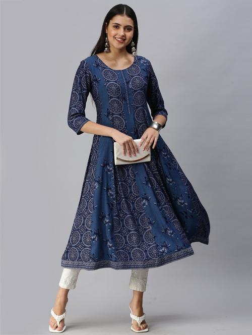 indigo printed flared kurta - 18434734 - Very Small Image - 1