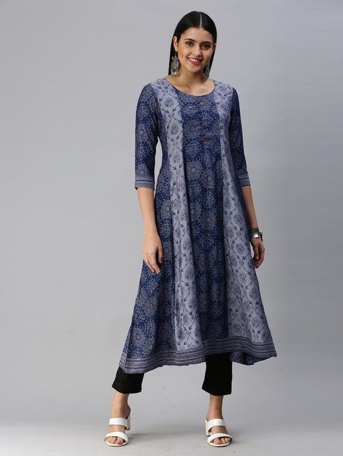 indigo printed flared kurta - 18434735 - Very Small Image - 1