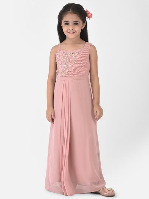 girls pink embroidered draped saree gown - 18435155 - Very Small Image - 1