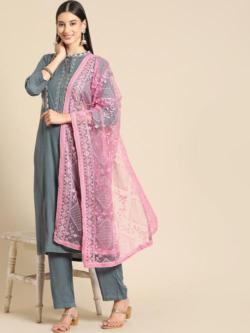 tonal embroidered chikankari net dupatta - 18435591 - Very Small Image - 1