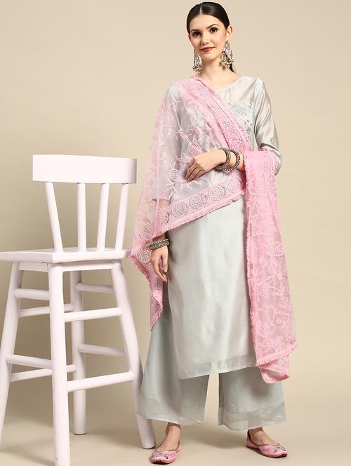 tonal embroidered chikankari net dupatta - 18435607 - Very Small Image - 1