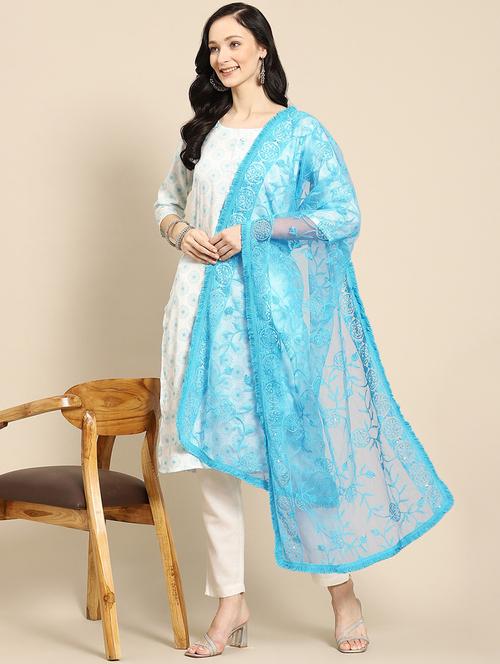 tonal embroidered chikankari net dupatta - 18435615 - Very Small Image - 1