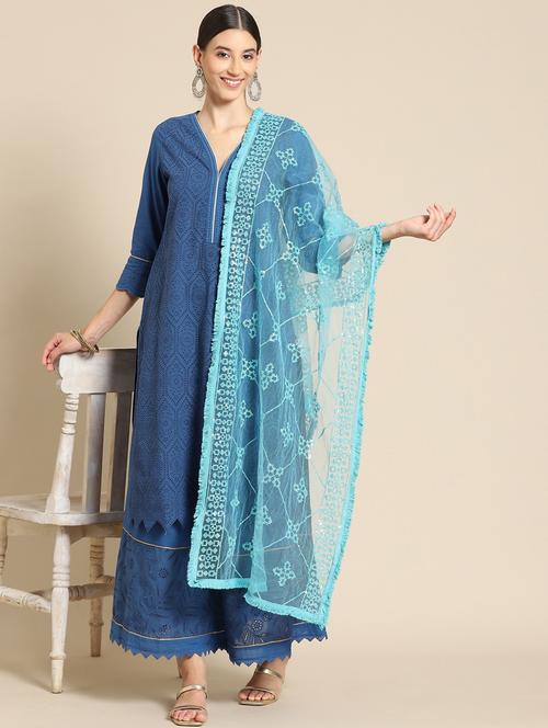 turquoise net dupatta - 18435763 - Very Small Image - 1