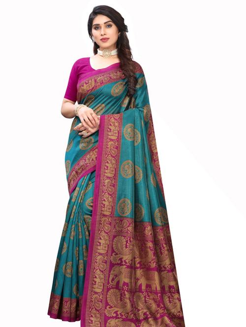 turquoise printed saree - 18435963 - Very Small Image - 1