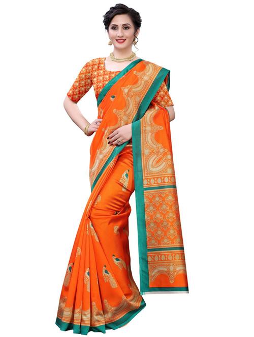 orange art silk printed saree - 18435974 - Very Small Image - 1