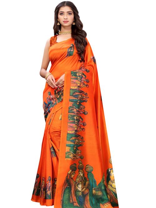 orange art silk printed saree - 18435978 - Very Small Image - 1