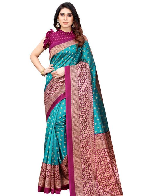 turquoise printed saree - 18436019 - Very Small Image - 1