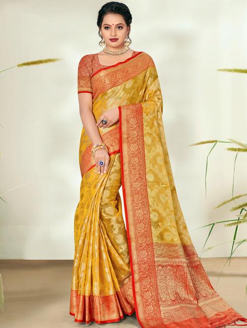 yellow organza saree - 18436438 - Very Small Image - 1