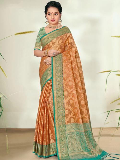 gold organza saree - 18436439 - Very Small Image - 1