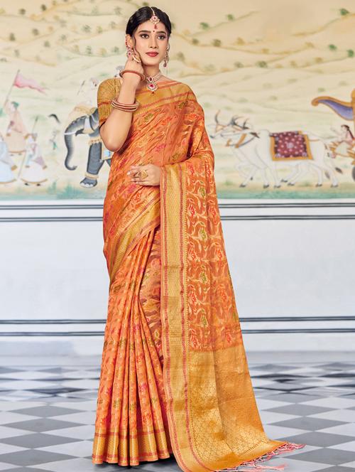 orange zari woven saree - 18436440 - Very Small Image - 1