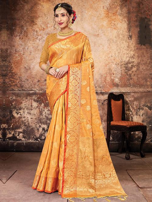 golden zari work woven saree - 18436460 - Very Small Image - 1
