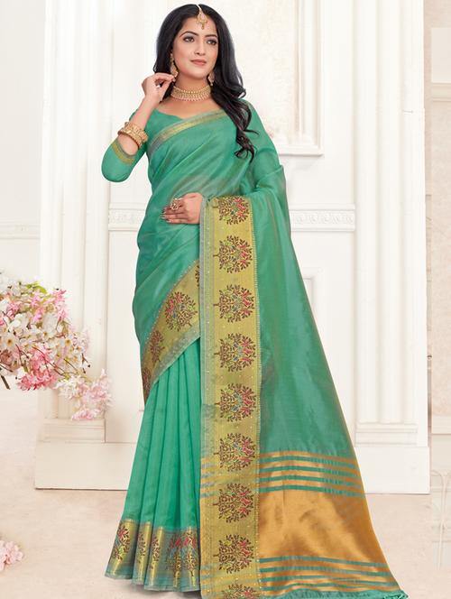 green woven saree - 18436478 - Very Small Image - 1